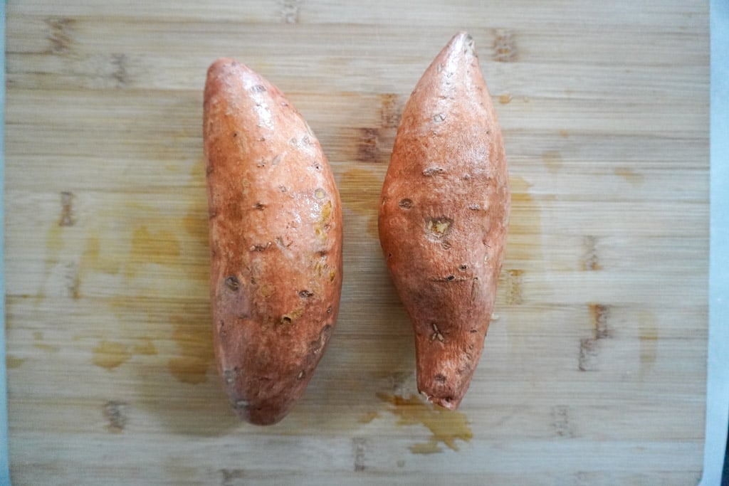 overhead view of two sweet potatoes