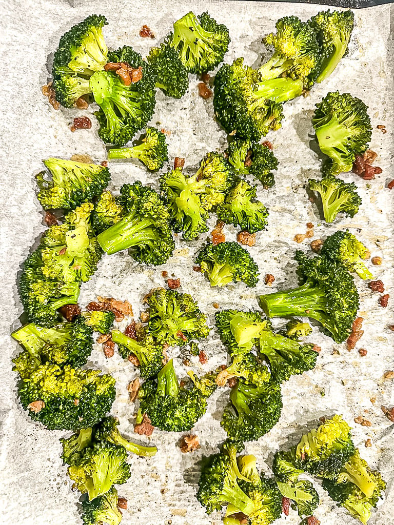 oven roasted broccoli on a sheet pan