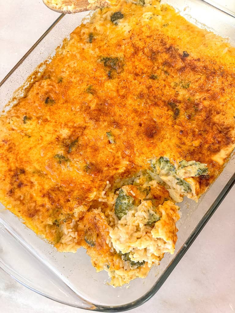 pan full of broccoli rice casserole with the inside revealed