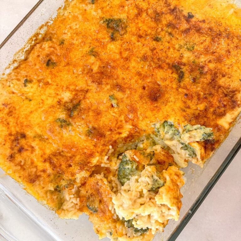 pan full of broccoli rice casserole with the inside revealed