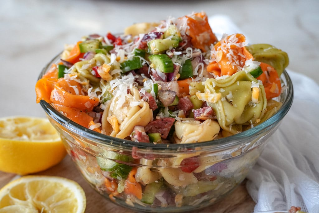 close up view of a bowl of tortellini pasta salad