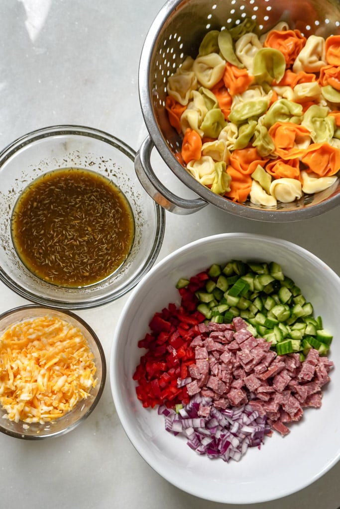 overhead view of ingredients for Tortellini Pasta Salad