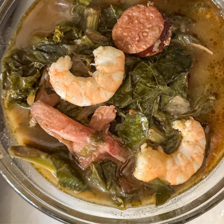 overhead view of a clear bowl filled with gumbo greens