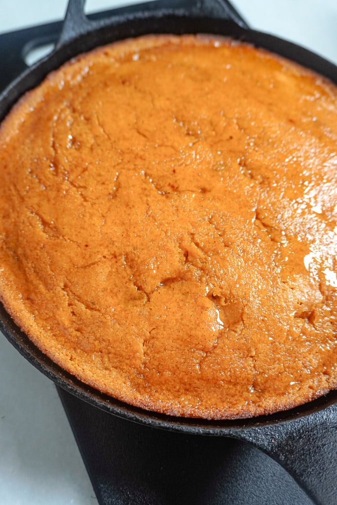 a pan full of sweet potato cornbread