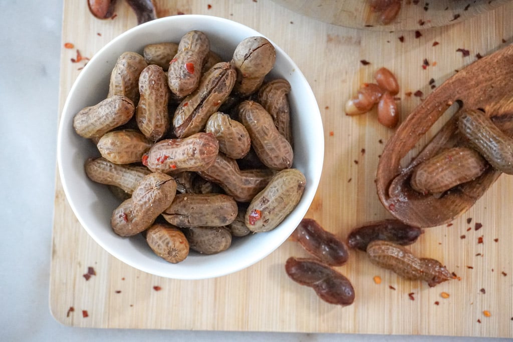overhead view of a bowl of boiled peanuts