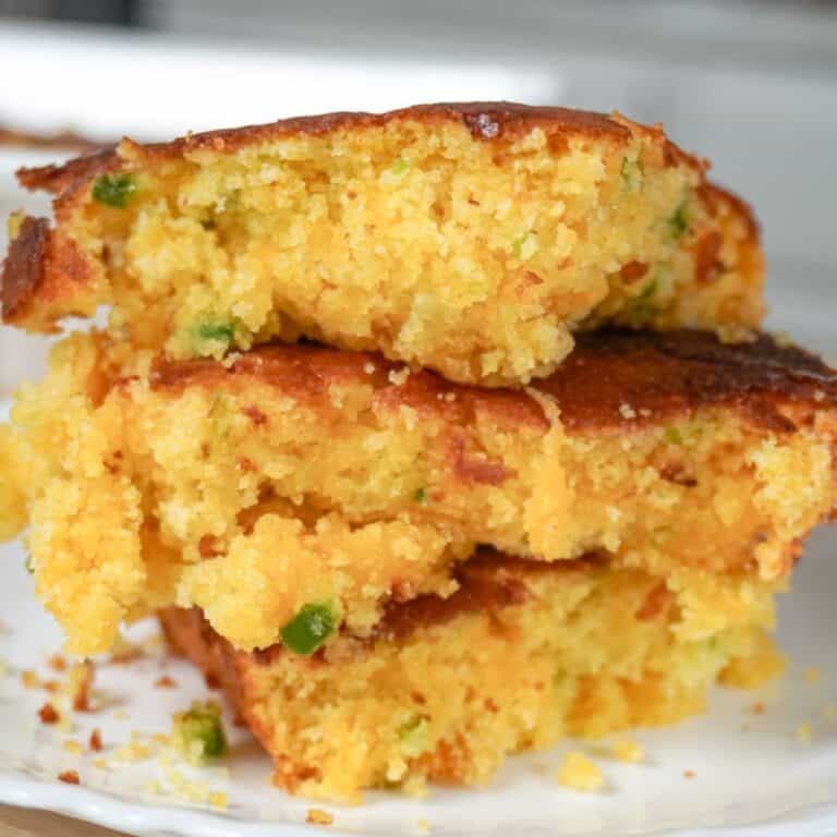 plated Jalapeno Cheddar Cornbread stacked one on top of the other