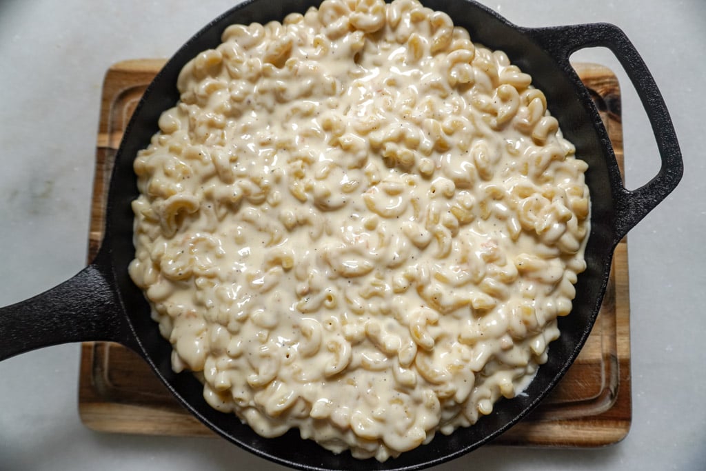 assembled smoked gouda mac and cheese before shredded cheese is added on top
