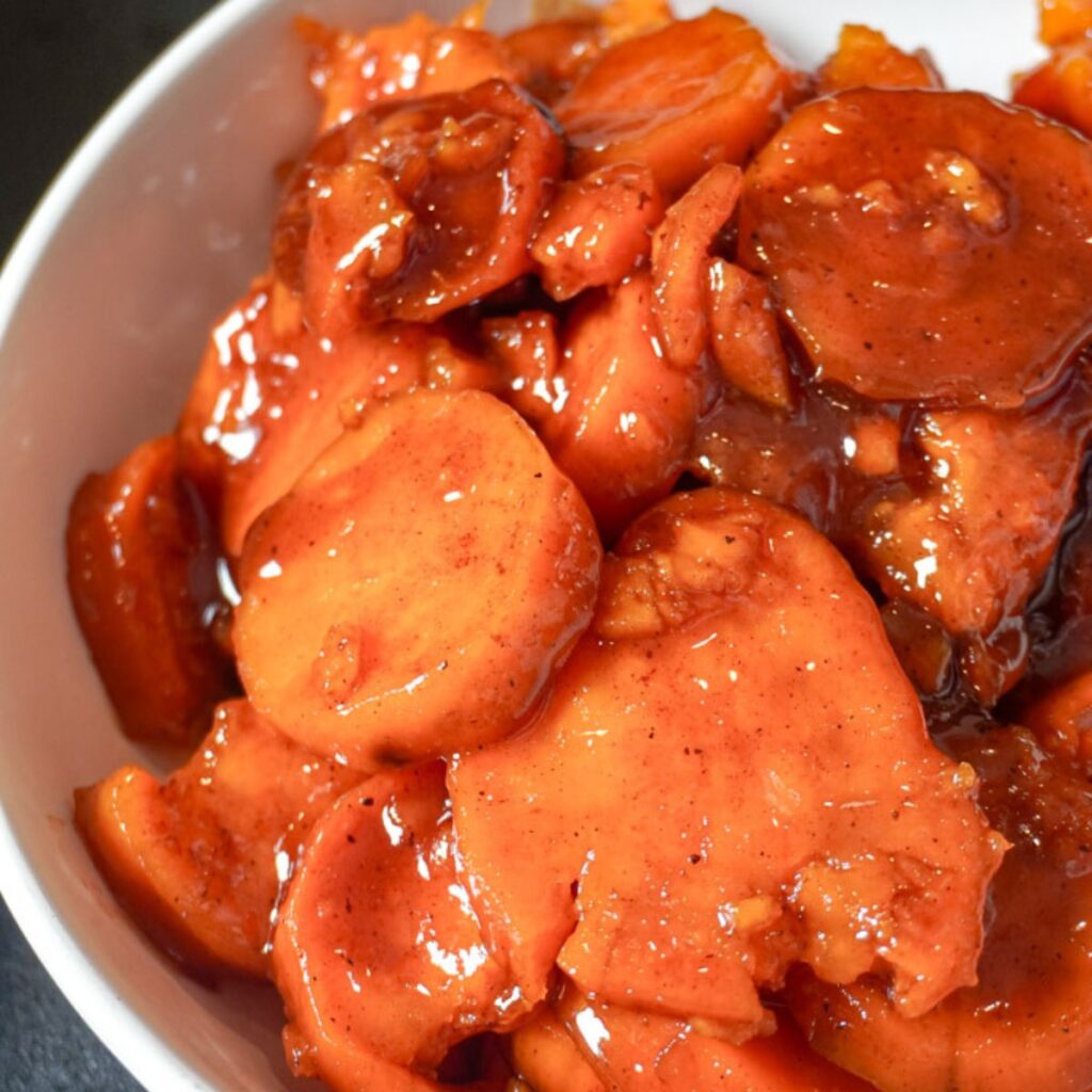 close up view of candied sweet potatoes