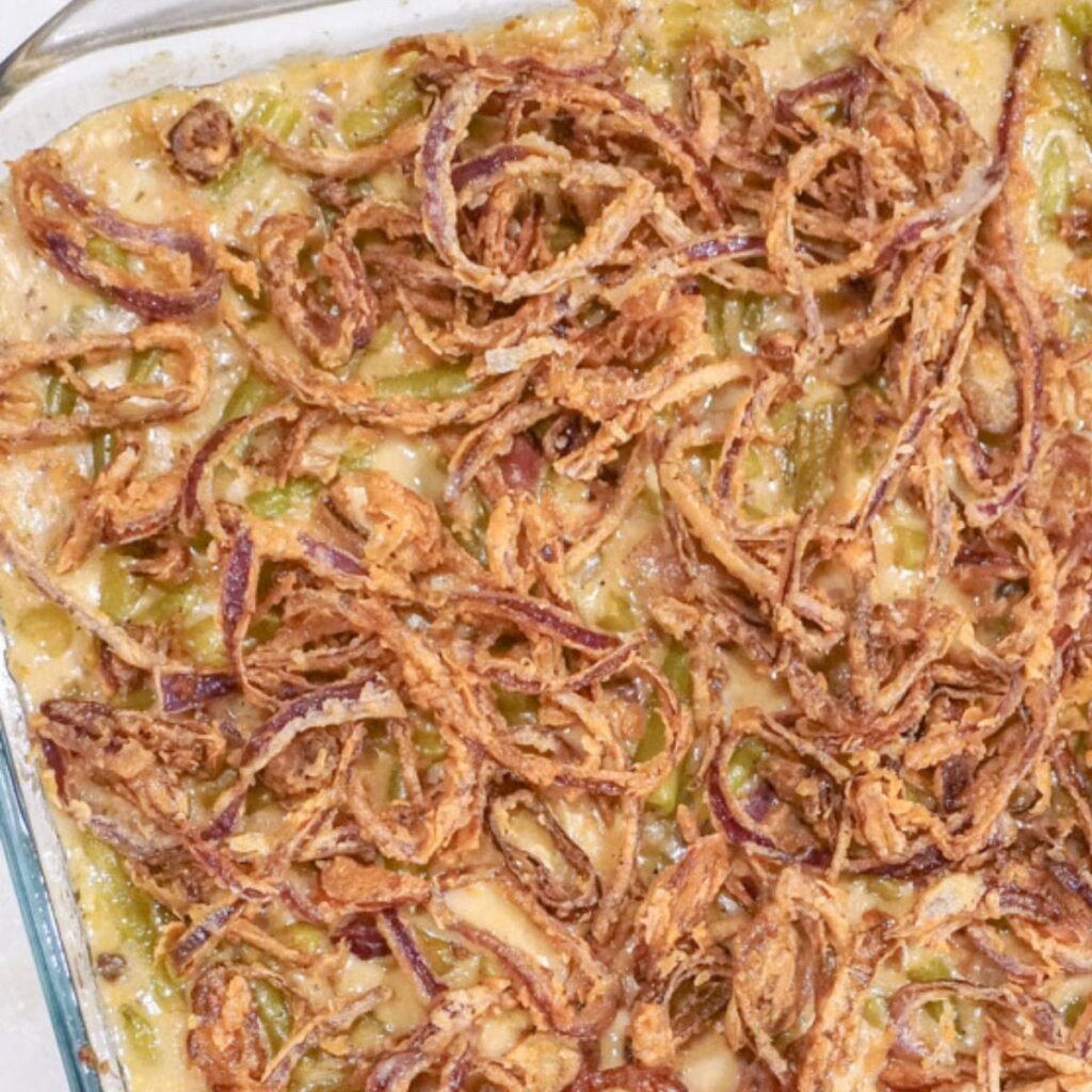 close up view of green bean casserole with bacon