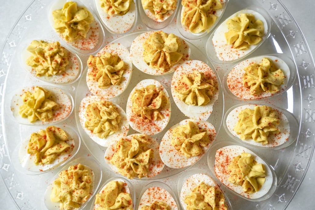 overhead view of deviled eggs ona tray