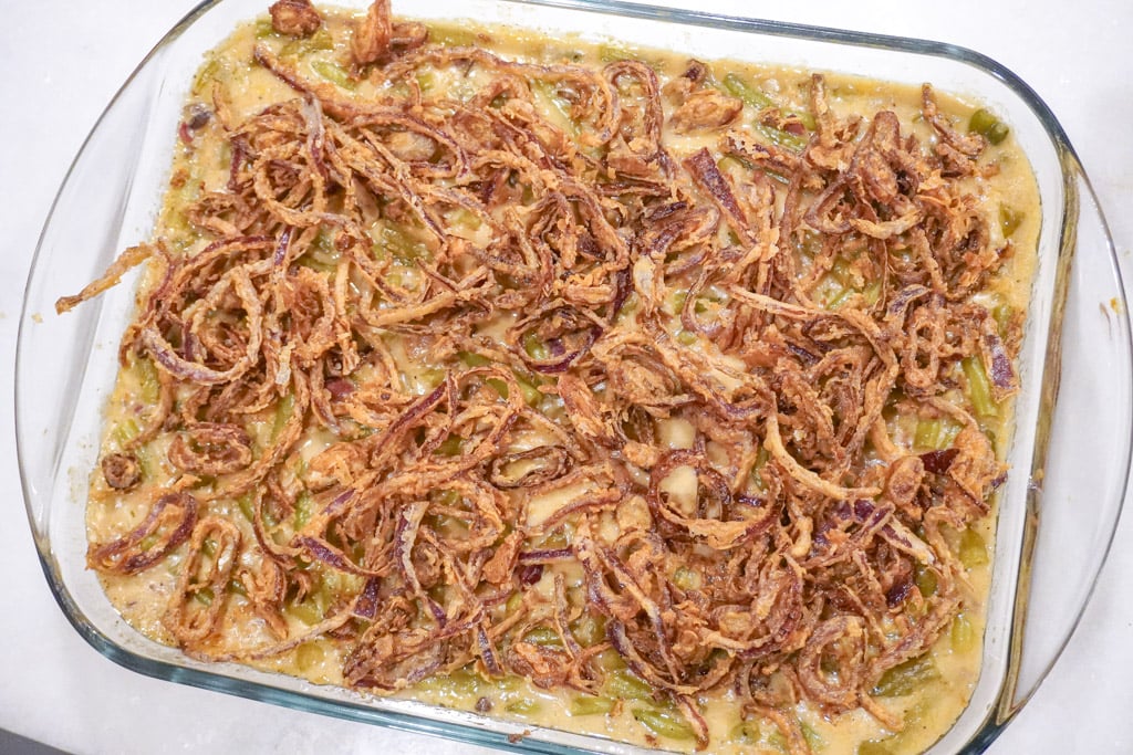 a baking dish full of french fried onions