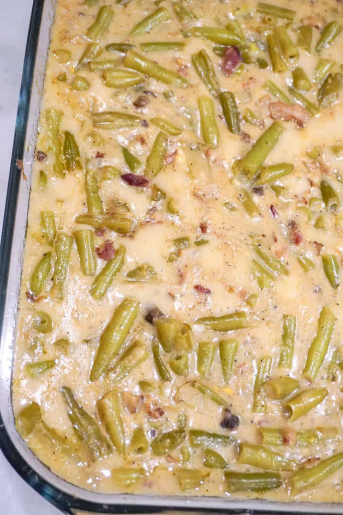 assembled green bean casserole before the the fried onions are added