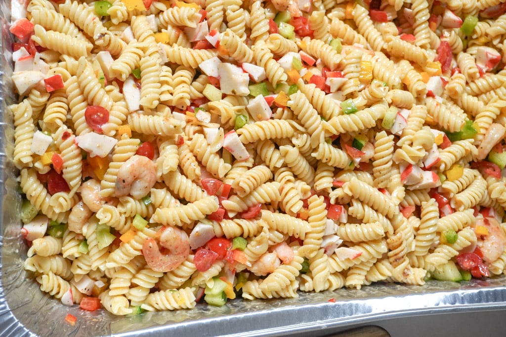a pan of seafood pasta salad