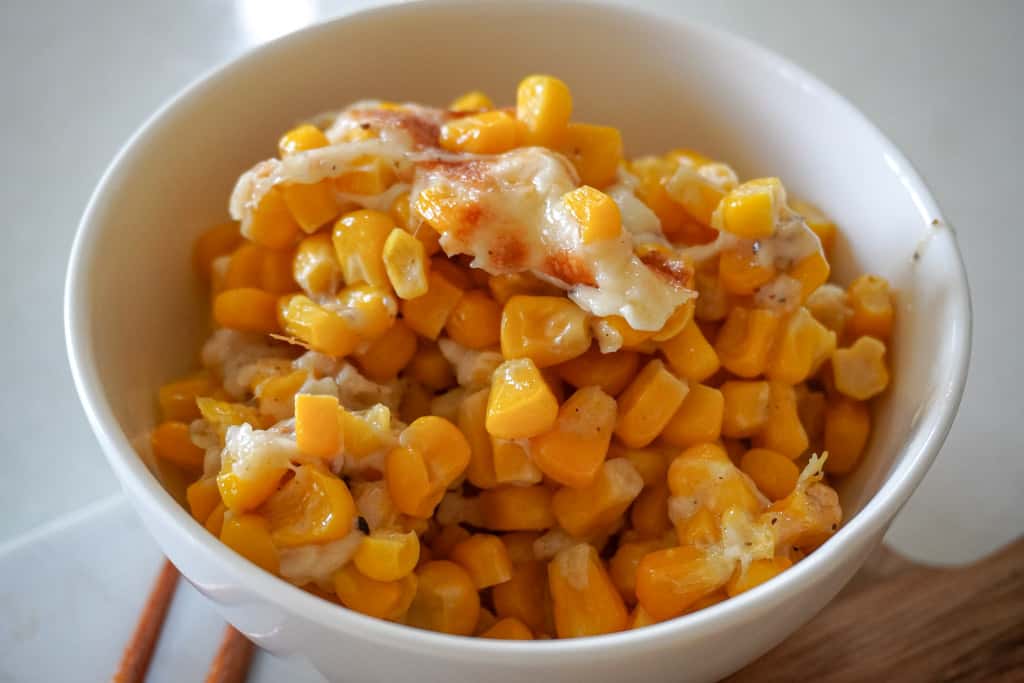 close up view of a bowl of Korean Cheese Corn