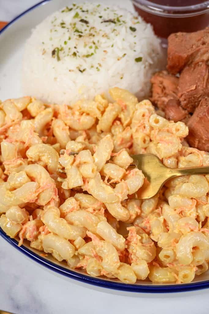 plated Hawaiian macaroni salad beside white rice and chicken