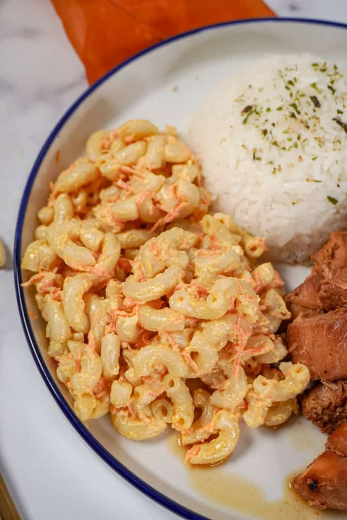 plated ono macaroni salad beside white rice and chicken
