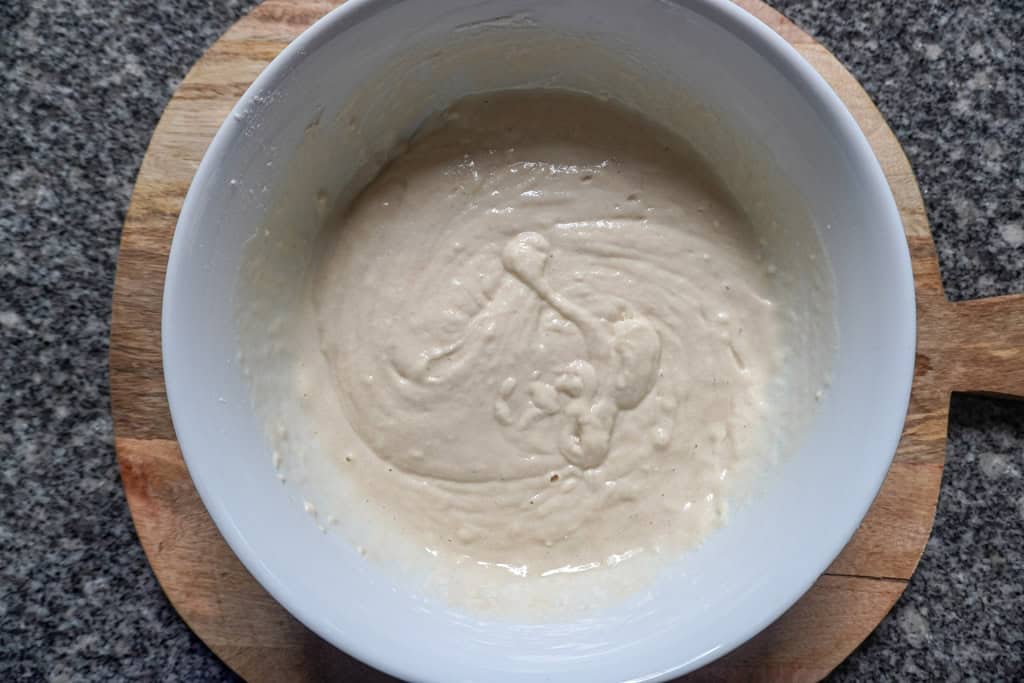pancake batter in a white bowl