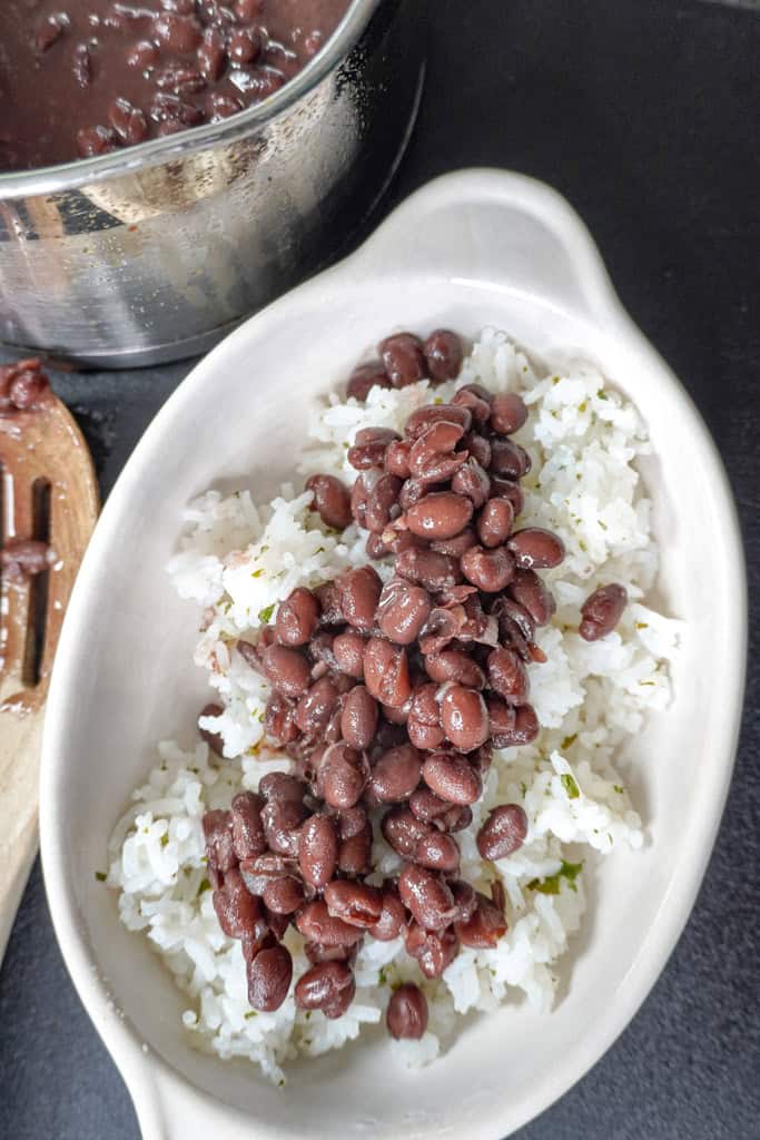 black beans in a bowl over rice