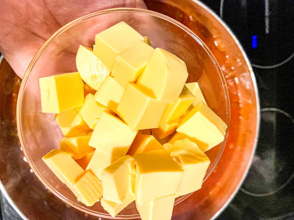 cubes of velveeta cheese in a bowl