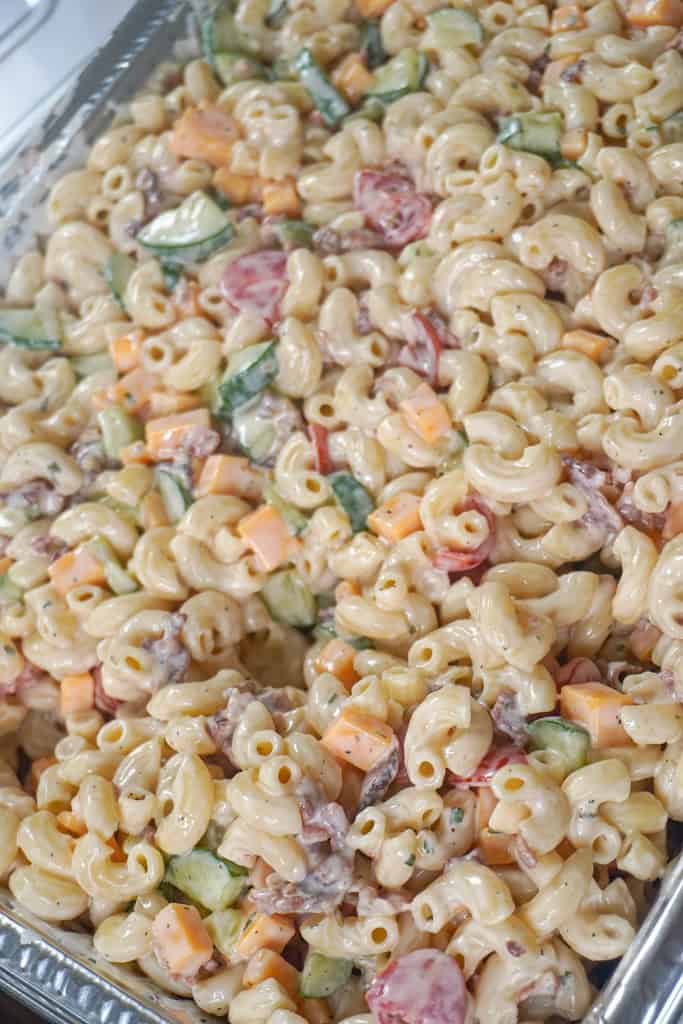 close up view of Bacon Ranch Pasta Salad