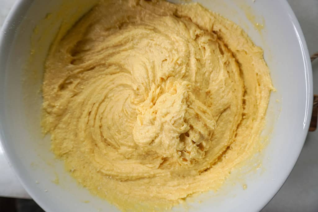 Cobbler batter mixed in a bowl, ready for baking.