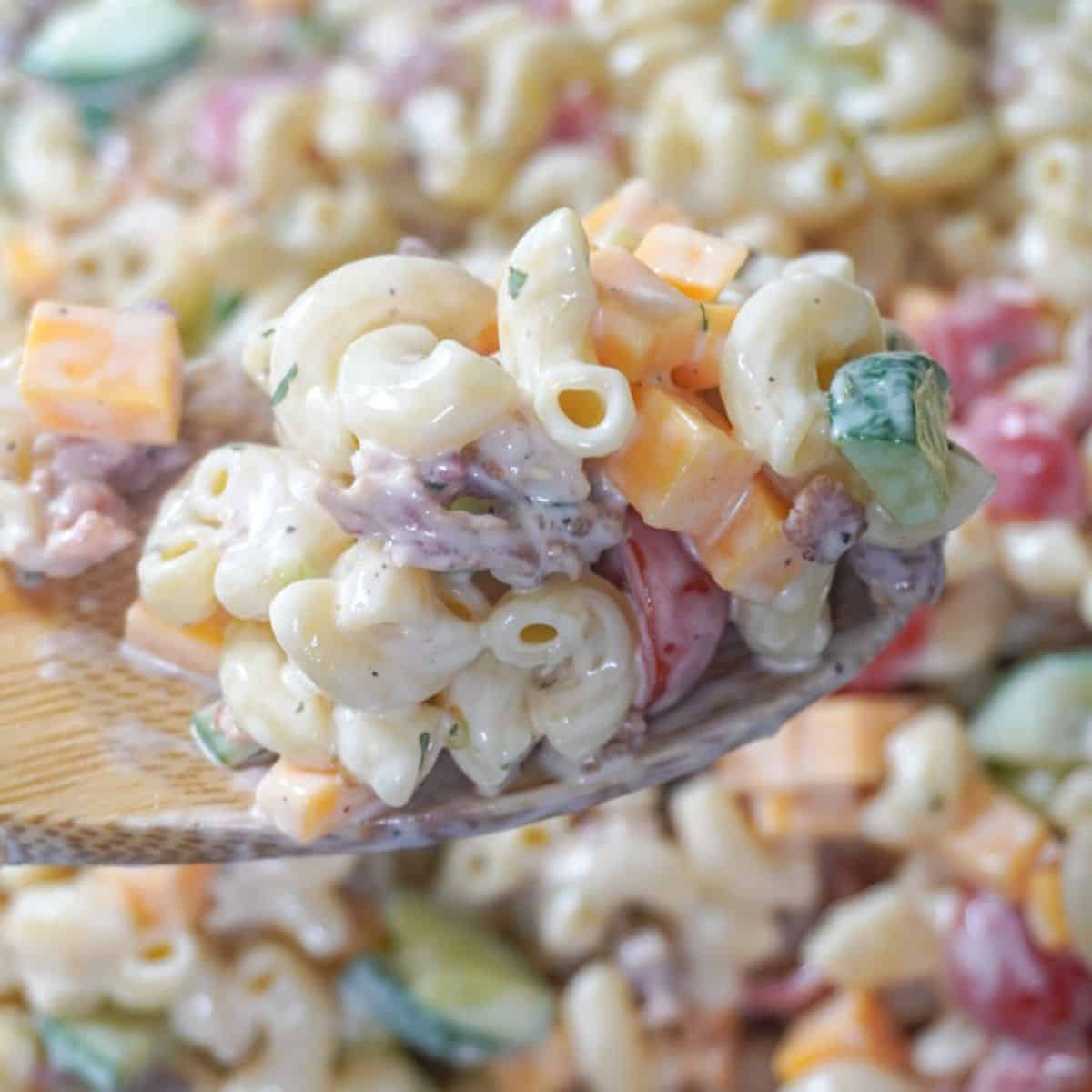 close up view of Bacon Ranch Pasta Salad with a spoon hovering in front