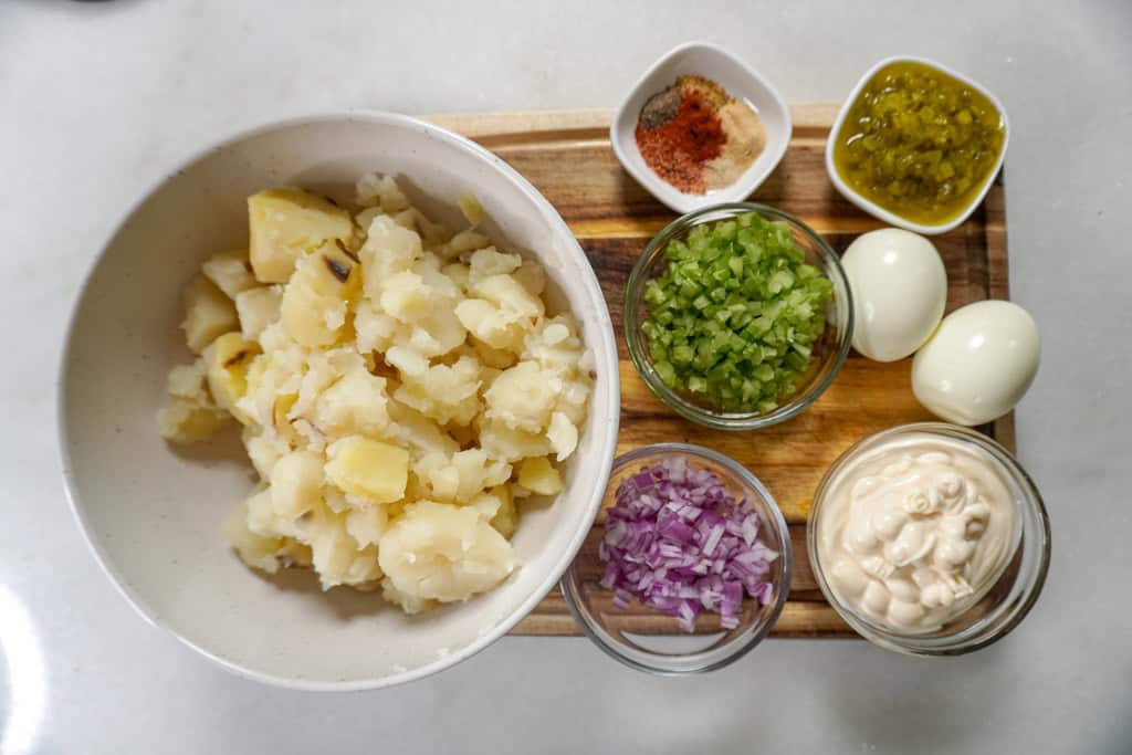 overhead view of ingredients for souther potato salad recipe