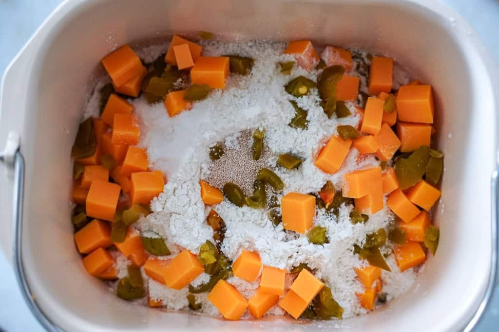 jalapeno cheddar bread dough in a bread maker