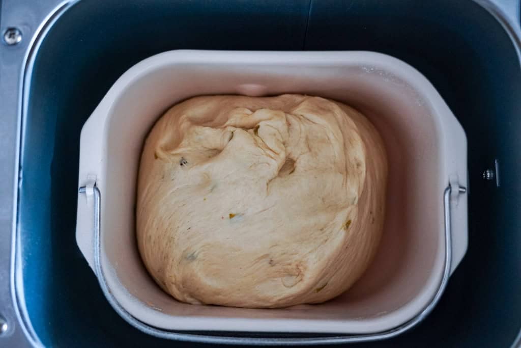 jalapeno cheddar bread dough in a bread maker