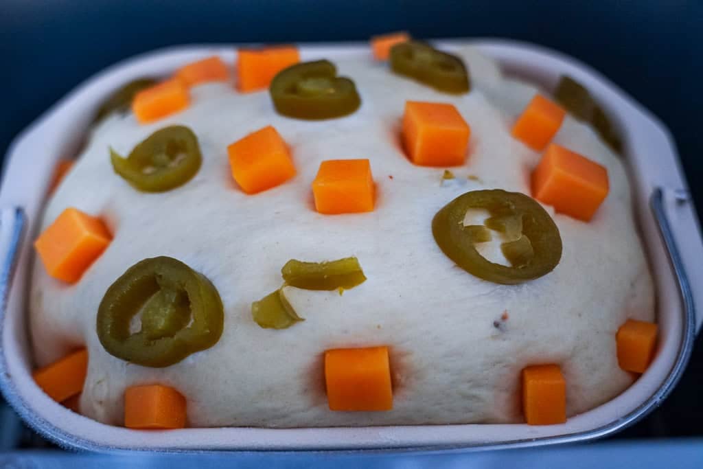 jalapeno cheddar bread dough in a bread maker