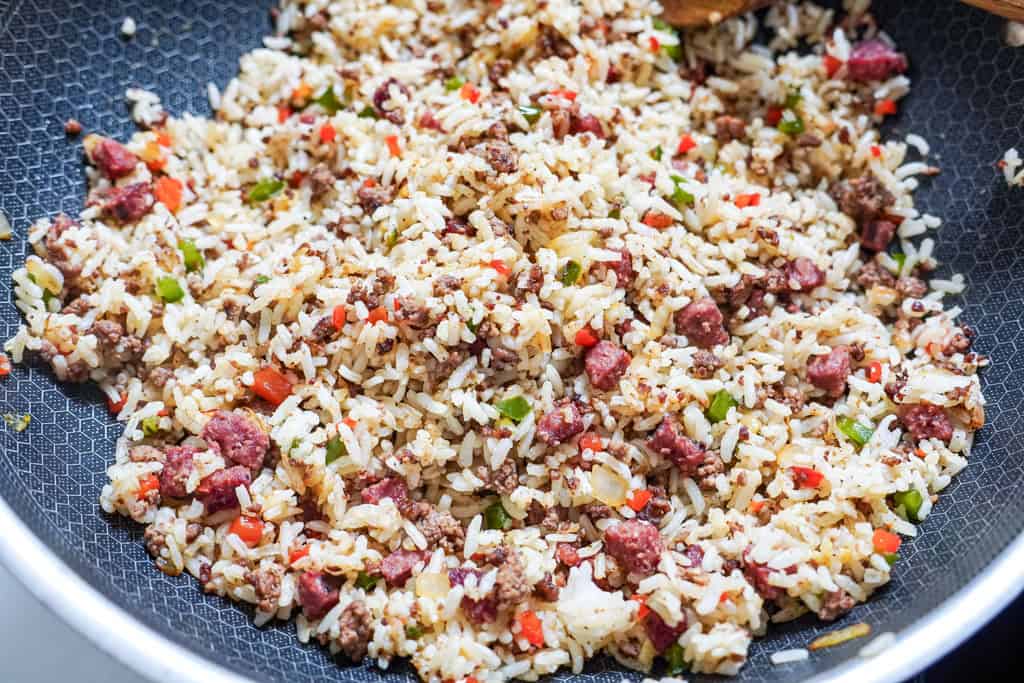 cooked dirty rice in a bowl