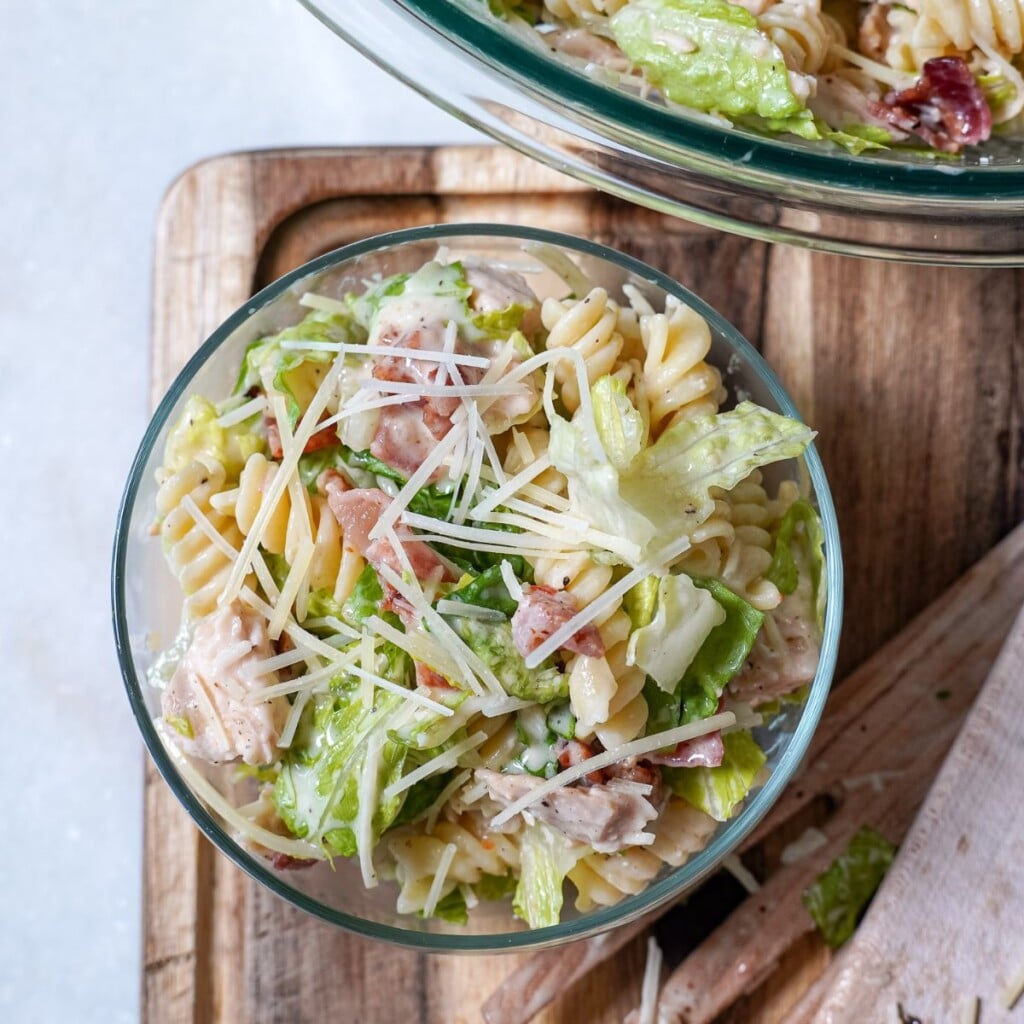 creamy chicken caesar pasta salad in a bowl