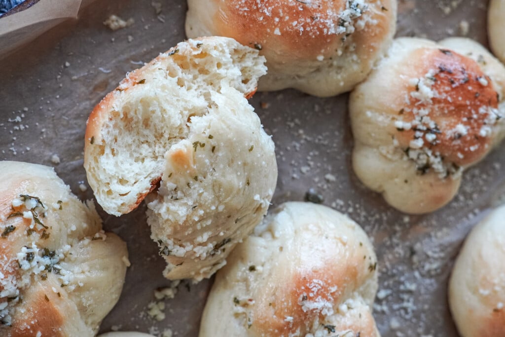garlic knot cut in half
