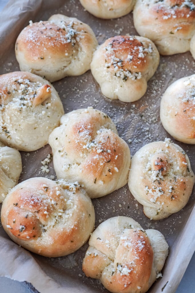 garlic knots on a sheet pan