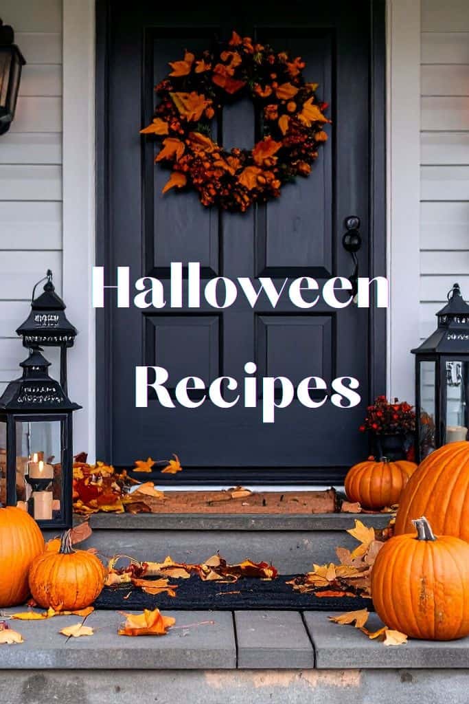 a doorstep with pumpkins and Halloween decorations on it