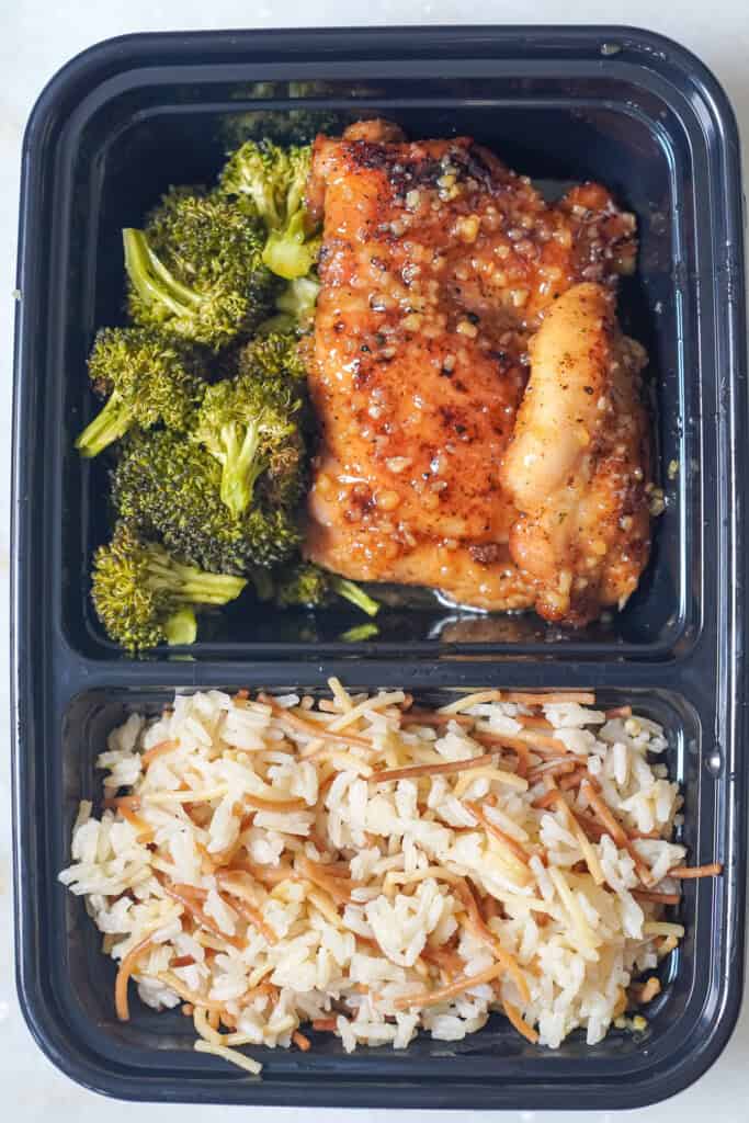 rice pilaf, chicken and broccoli in a meal prep bowl