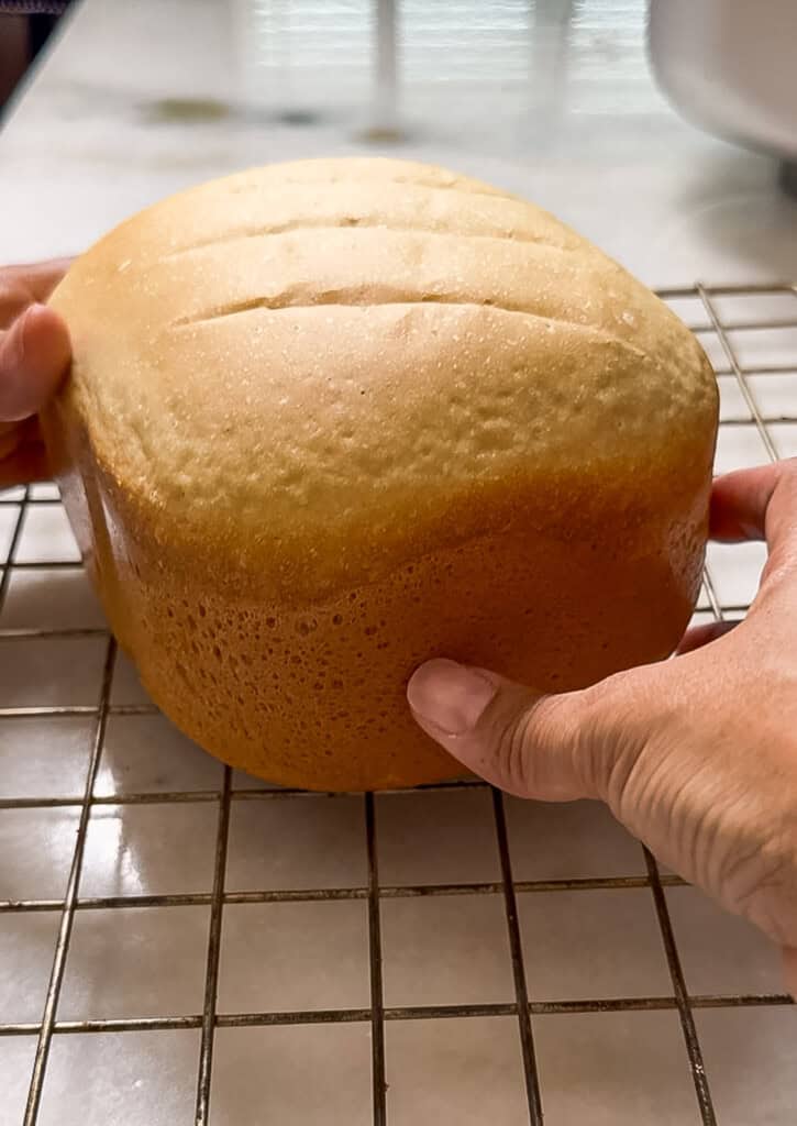 holding a loaf of bread to allow it to cool down before slicing